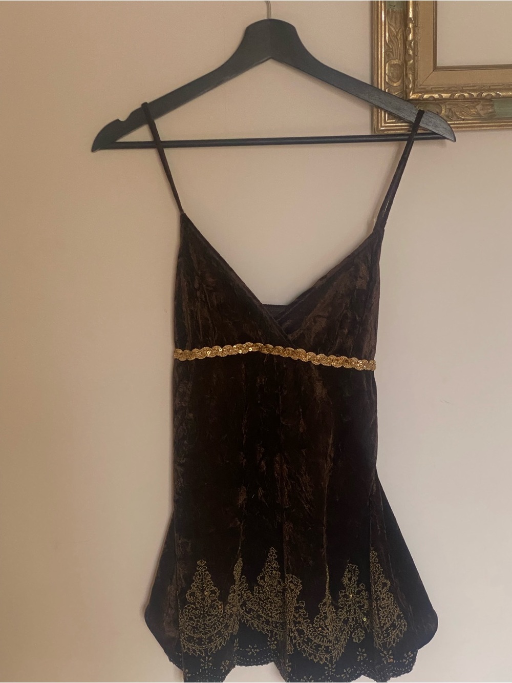 Velvet Embroidered Spaghetti Strap top with Gold Trim